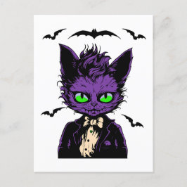 Cartão Postal Gato de Halloween Roxo com Bats