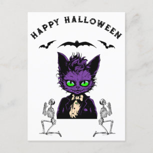 Cartão Postal Gato de Halloween Roxo com Bats e Skeletons