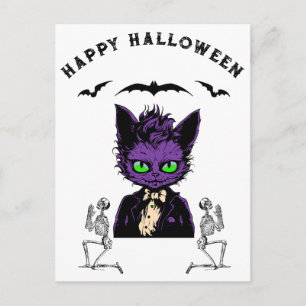 Cartão Postal Gato de Halloween Roxo com Bats e Skeletons