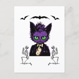 Cartão Postal Gato de Halloween Roxo com Bats e Skeletons