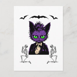 Cartão Postal Gato de Halloween Roxo com Morcegos e Esqueletos