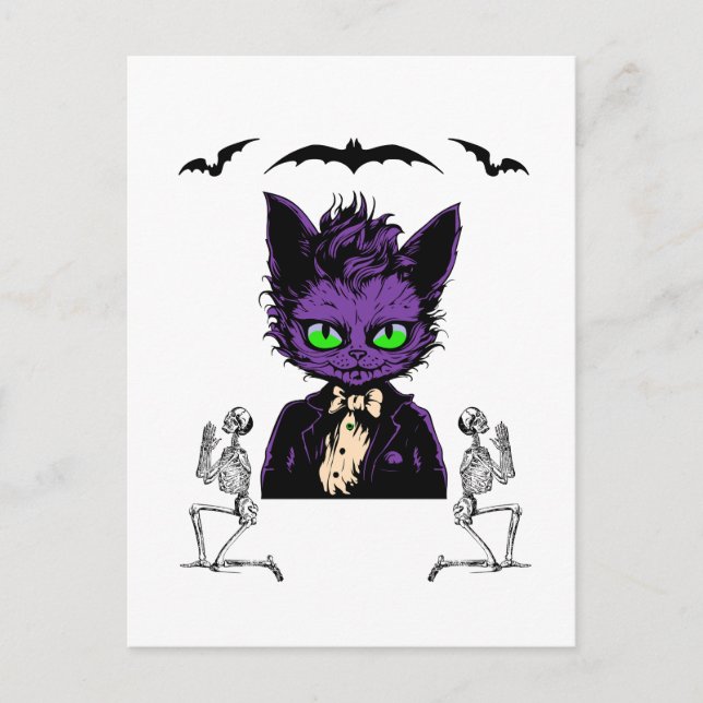 Cartão Postal Gato de Halloween Roxo com Morcegos e Esqueletos (Frente)