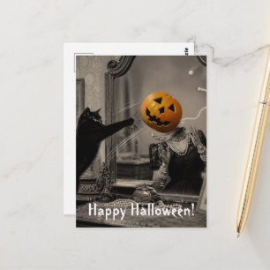 Cartão Postal Gato de Halloween Vintage Derruba a Cabeça de Jack