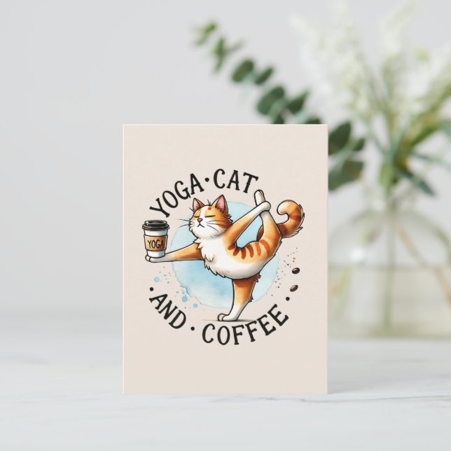 Cartão Postal Gato de ioga - Gato de ioga e café (Em pé/Frente)