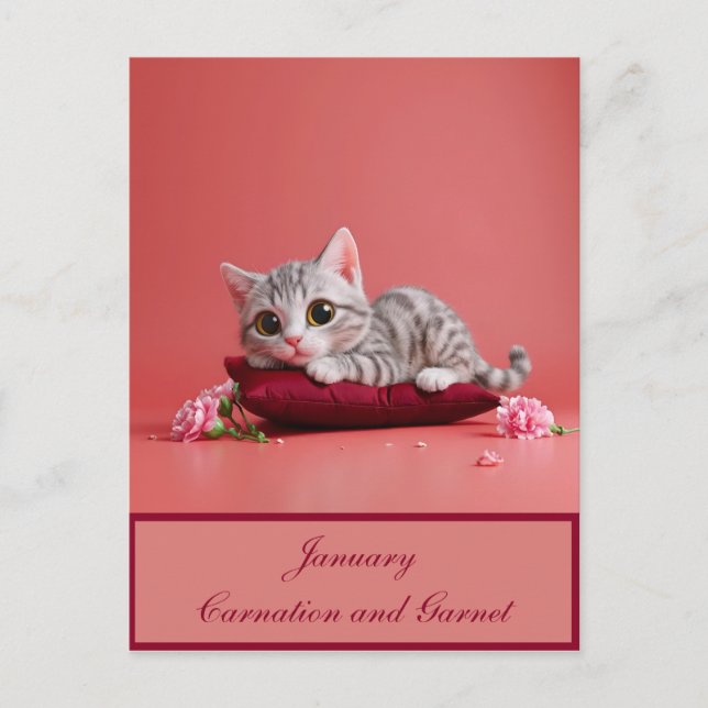 Cartão Postal Gato de janeiro bonito com cravos (Frente)