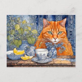Cartão Postal Gato de Laranja Aquarela com Lemon Tea