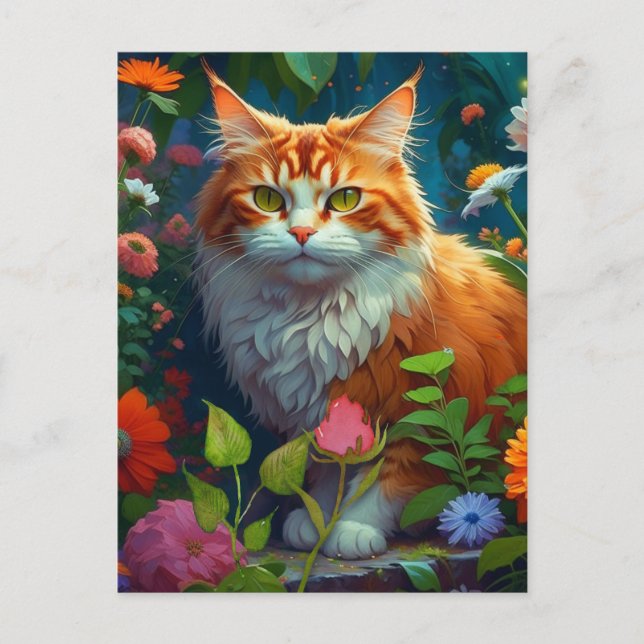 Cartão Postal Gato de laranja-branca em flores que mantém contat (Frente)