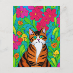 Cartão Postal Gato de Laranja Esbranquiçado com Flores Rosa