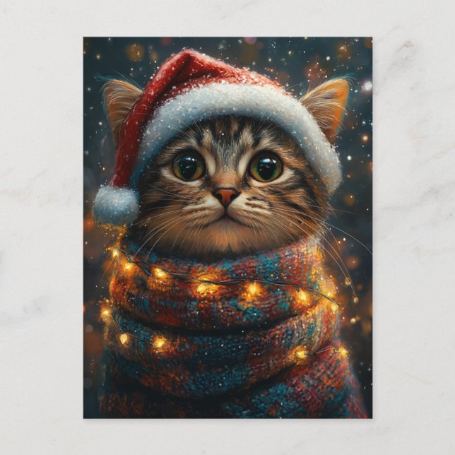 Cartão Postal Gato de Natal Adorável (Frente)