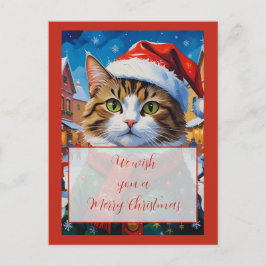 Cartão Postal Gato de Natal Festivo com Chapéu de Papai Noel