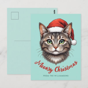 Cartão Postal Gato de Natal Fofo Personalizado com Chapéu de Pap