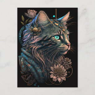 Cartão Postal Gato de olho azul fantasma com flores Arte AI