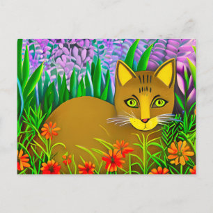 Cartão Postal Gato de Olhos Verdes em um Jardim de Flores 