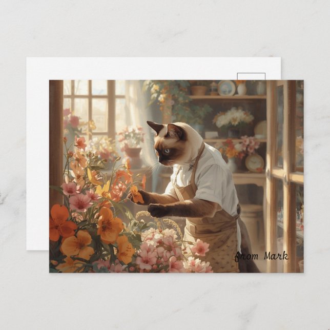 Cartão Postal Gato de outono com Flores - Saudação de Fall Seaso (Frente/Verso)