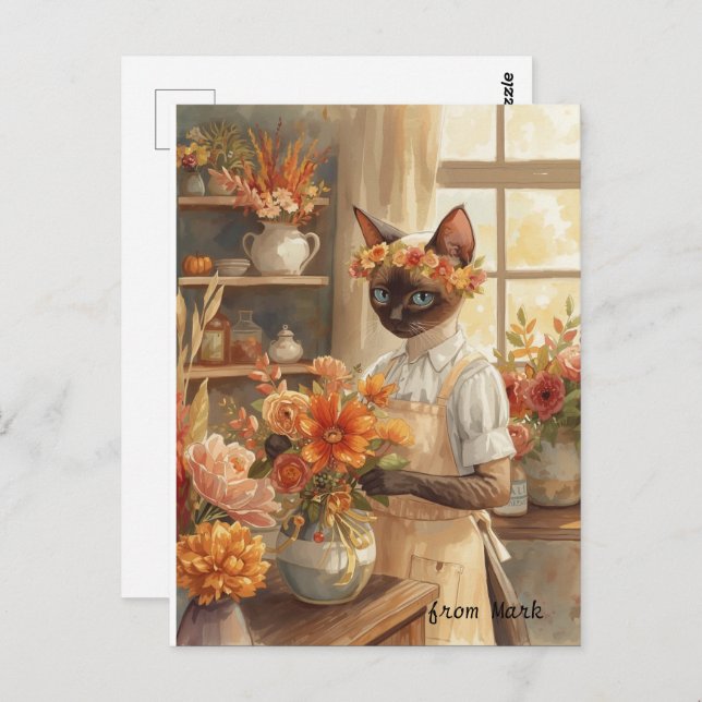 Cartão Postal Gato de outono com Flores - Saudação de Fall Seaso (Frente/Verso)