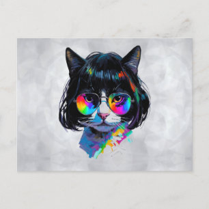 Cartão Postal Gato de Peruca + Óculos de Sol (Pintura #6)