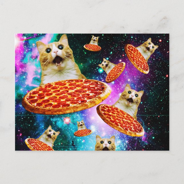 Cartão Postal Gato de pizza espacial engraçado (Frente)