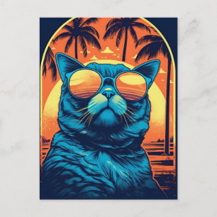 Cartão Postal Gato de praia exótico com óculos de sol na praia