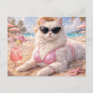 Cartão Postal Gato de Praia Glamouroso com Óculos de Sol