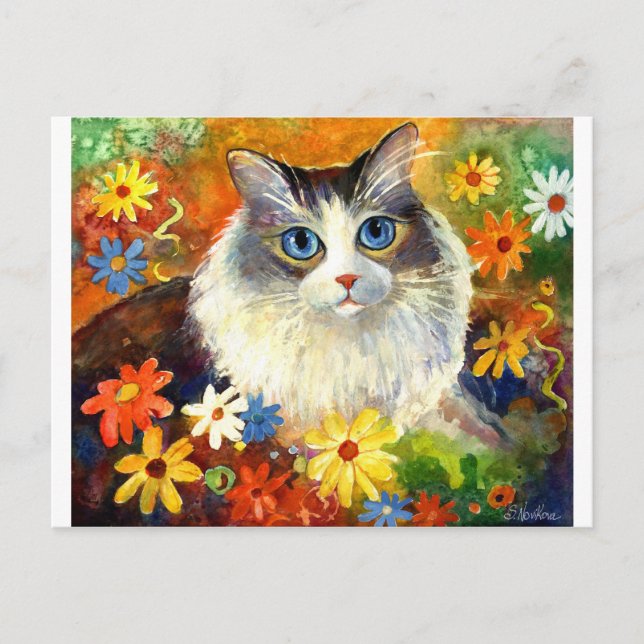 Cartão Postal Gato de Ragdolas Bonito com flores (Frente)