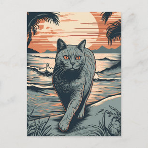 Cartão Postal Gato de Shorthair britânico numa praia tropical
