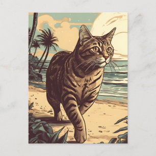 Cartão Postal Gato-de-Shorthair europeu numa praia tropical