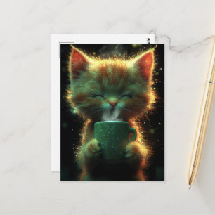 Cartão Postal Gato Desfruta de um Café