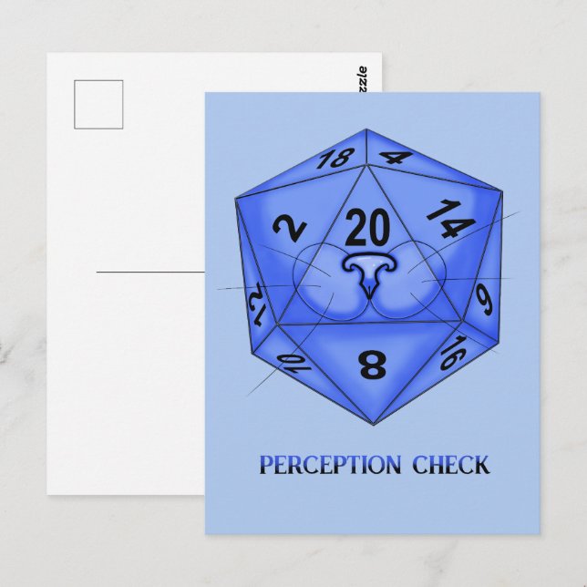 Cartão Postal Gato. Dice 20. Verificação de Percepção (Frente/Verso)