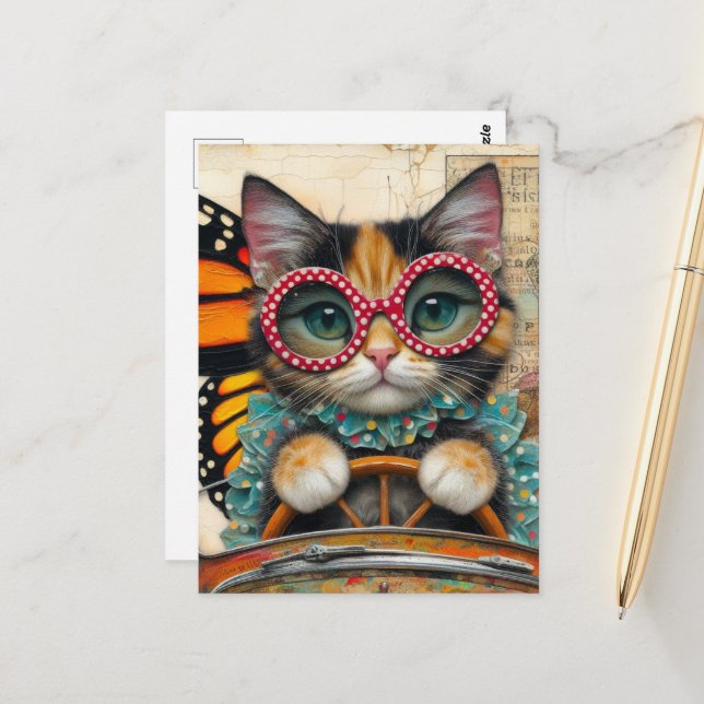 Cartão Postal Gato Dirigindo Um Carro (Frente/Verso In Situ)