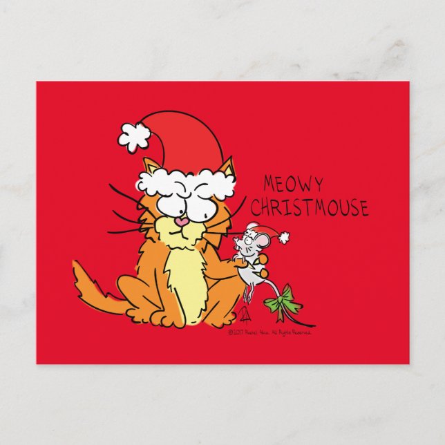 Cartão Postal Gato Divertido Cartoon Natal Cute Rato (Frente)