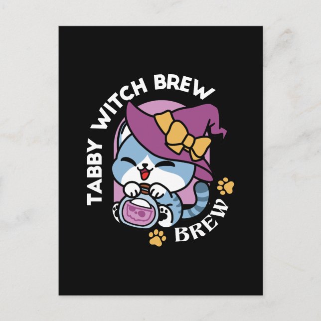 Cartão Postal Gato do Halloween Tabby - Chapéu das Bruxas e Arte (Frente)