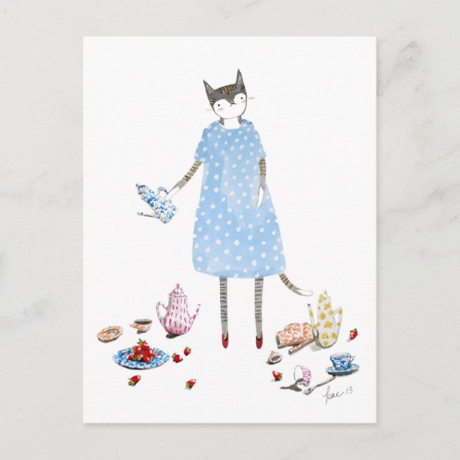 Cartão Postal Gato do Tea Party em um vestido Karen Walker (Frente)