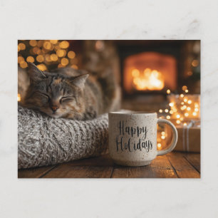 Cartão Postal Gato Dormindo ao Lado de uma Caneca "Felizes Festa