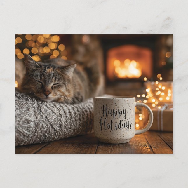 Cartão Postal Gato Dormindo ao Lado de uma Caneca "Felizes Festa (Frente)