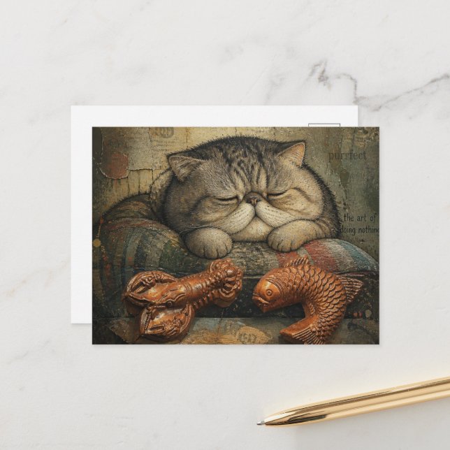 Cartão Postal Gato Dormindo com Lagosta e Peixe (Frente/Verso In Situ)