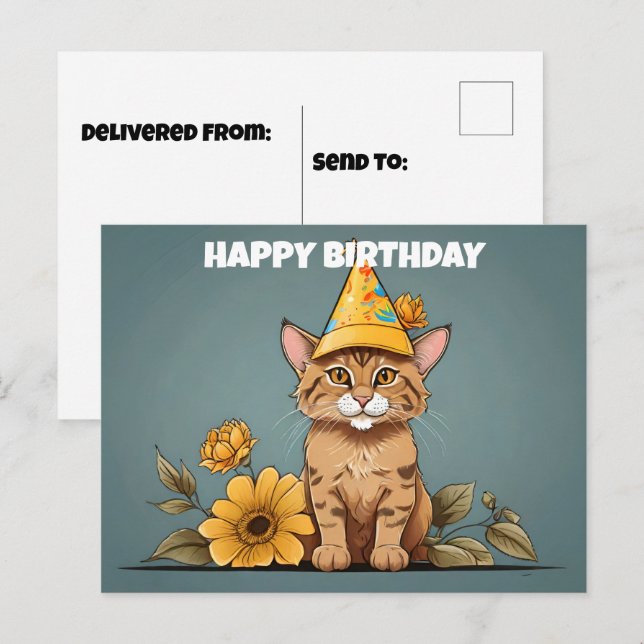 Cartão Postal Gato dourado asiático usando chapéu de aniversário (Frente/Verso)