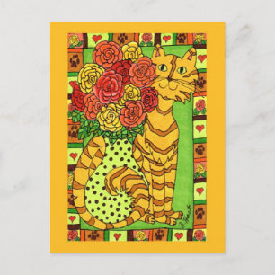 Cartão Postal Gato Dourado com Rosas