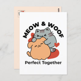 Cartão Postal Gato e Cachorro Adoráveis Abraçados – Design Meow