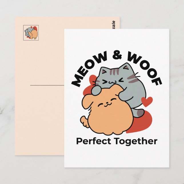 Cartão Postal Gato e Cachorro Adoráveis Abraçados – Design Meow  (Frente/Verso)