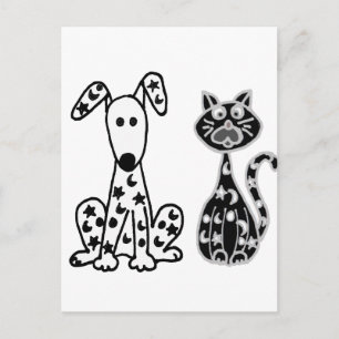 Cartão Postal Gato e Cachorro Engraçado com Estrelas e Luas