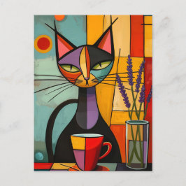 Cartão Postal Gato e café Abstrato Coloridos Cubist