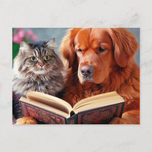 Cartão Postal Gato e cão lendo um livro