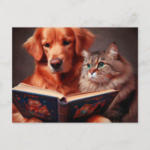Cartão Postal Gato e cão lendo um livro