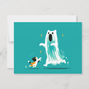 Cartão Postal Gato e Fantasma Amigável - Halloween Bonito