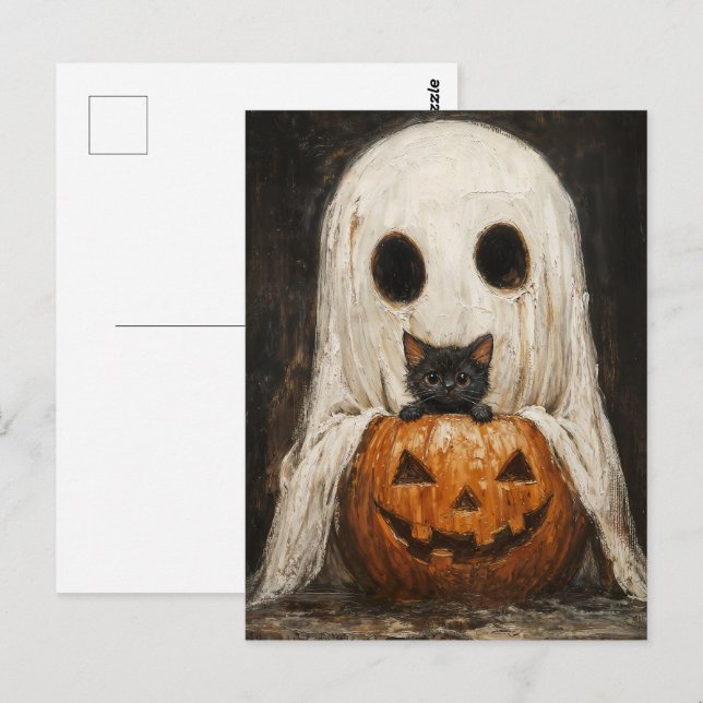 Cartão Postal Gato e Fantasma Pretos do Halloween - Cute Spooky (Frente/Verso)