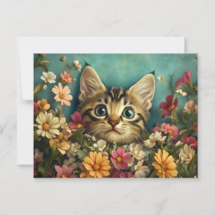 Cartão Postal Gato e flores