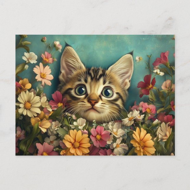 Cartão Postal Gato e flores (Frente)
