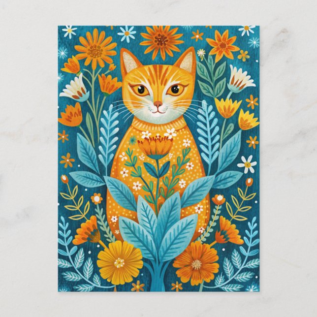 Cartão Postal Gato e flores estilo de arte popular laranja e azu (Frente)