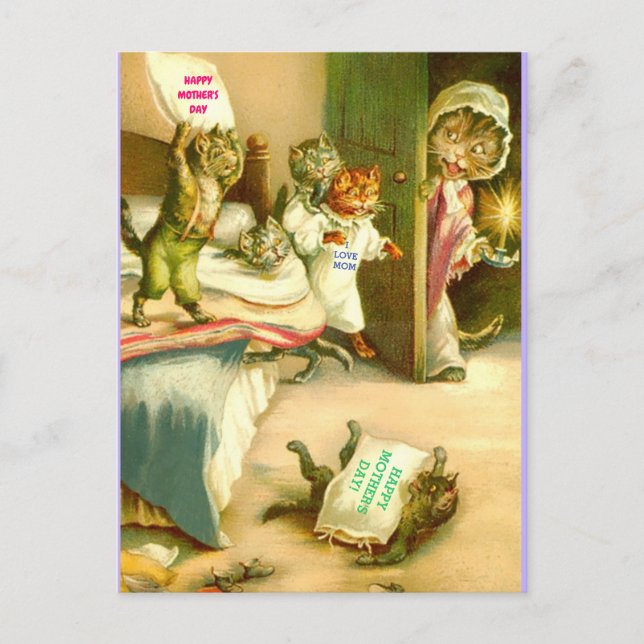 Cartão Postal Gato e Gatinhos de Dia de as mães Engraçado, Image (Frente)
