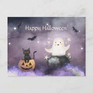 Cartão Postal Gato e Halloween Fantasma